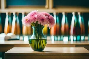 a vase of pink flowers on a table in front of a row of bottles. AI-Generated photo