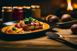 a plate of food with noodles and meat on a table. AI-Generated photo