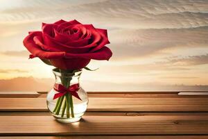 un rojo Rosa en un florero en un de madera mesa. generado por ai foto