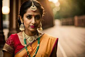 a beautiful indian woman wearing jewelry and a sari. AI-Generated photo