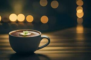 a cup of hot chocolate with a green leaf on the side. AI-Generated photo