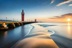 un largo exposición fotografía de un puente y reloj torre a puesta de sol. generado por ai foto