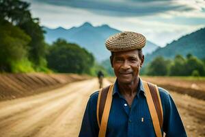 un hombre vistiendo un sombrero en un suciedad la carretera. generado por ai foto