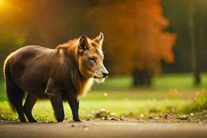 a brown animal walking on a road in the park. AI-Generated photo