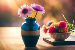 un florero con flores y un libro en un mesa. generado por ai foto