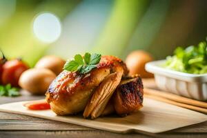 chicken breast with vegetables and sauce on a wooden cutting board. AI-Generated photo