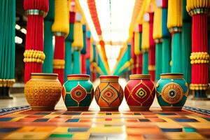 colorful pots lined up on a floor with colorful curtains. AI-Generated photo