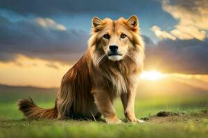 a lion is sitting on the grass at sunset. AI-Generated photo