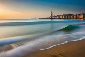 un largo exposición fotografía de el puesta de sol terminado un playa. generado por ai foto