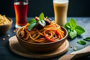 spaghetti with meat and vegetables in a wooden bowl. AI-Generated photo