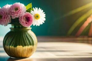 a vase with pink and white flowers on a table. AI-Generated photo