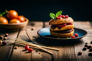 a hamburger with berries and mint on a plate. AI-Generated photo