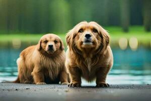 two golden retrievers standing next to a lake. AI-Generated photo