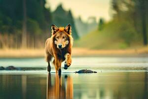 a wolf is walking across the water. AI-Generated photo