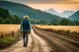 un hombre caminando abajo un suciedad la carretera en el medio de un campo. generado por ai foto