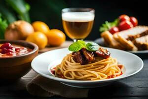 spaghetti with meat and tomato sauce on a plate. AI-Generated photo