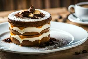 a stack of cake on a plate with coffee. AI-Generated photo