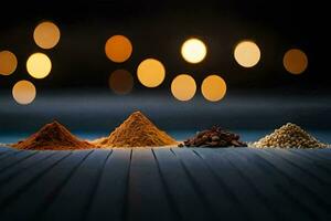 spices on a wooden table with blurred lights. AI-Generated photo