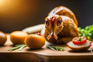 a chicken is sitting on a cutting board with potatoes and tomatoes. AI-Generated photo