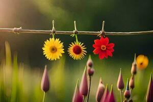 Tres flores colgando desde un cable. generado por ai foto