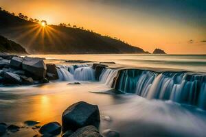 the sun rises over a waterfall in the ocean. AI-Generated photo