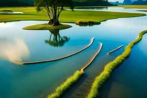 a tree in the middle of a river with grass and water. AI-Generated photo