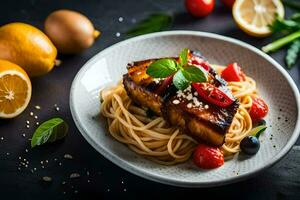 a plate of pasta with salmon and tomatoes. AI-Generated photo