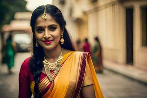 a woman in a traditional sari is smiling. AI-Generated photo