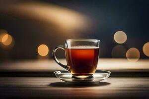 a cup of tea on a wooden table with bokeh lights. AI-Generated photo
