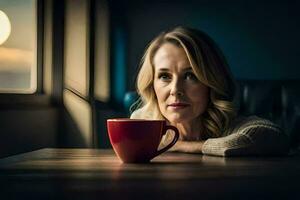 a woman sitting at a table with a cup of coffee. AI-Generated photo