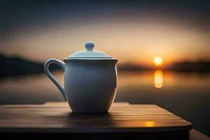 a coffee pot sits on a wooden table in front of a lake at sunset. AI-Generated photo