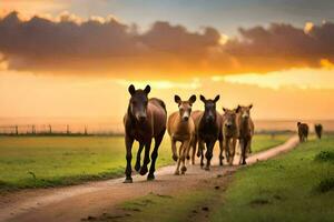 horses running on a dirt road at sunset. AI-Generated photo