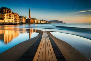 a long pier with a church in the background. AI-Generated photo