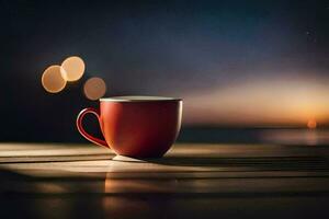 a red cup sitting on a wooden table with bokeh lights. AI-Generated photo