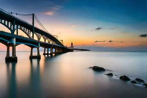 a long exposure photograph of a bridge over the ocean. AI-Generated photo