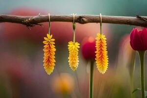 three flowers hanging from a branch. AI-Generated photo