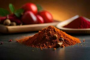 red chili powder and spices on a wooden table. AI-Generated photo