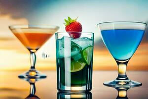 three different colored cocktails on a table. AI-Generated photo