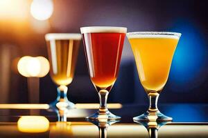 three different types of beer are lined up on a bar. AI-Generated photo