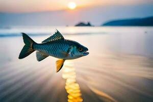 a fish is flying over the ocean at sunset. AI-Generated photo