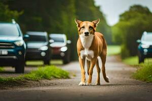 a dog walking on a road with cars behind it. AI-Generated photo