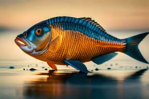 un pescado es en pie en el playa a puesta de sol. generado por ai foto