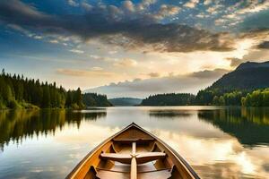 un canoa es flotante en el calma aguas de un lago. generado por ai foto