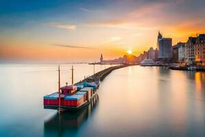 a boat is docked in the water at sunset. AI-Generated photo