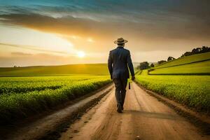 a man in a suit and hat walks down a dirt road. AI-Generated photo