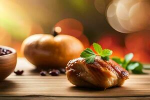 a plate with a chicken breast and a bowl of cranberries. AI-Generated photo