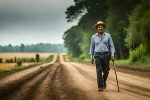 a man walking on a dirt road with a cane. AI-Generated photo