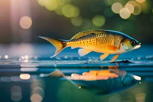 a fish is standing on the water with a reflection. AI-Generated photo