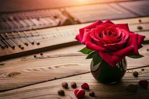 a red rose in a vase on a wooden table. AI-Generated photo