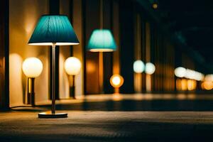 a lamp is sitting on the floor in a dark room. AI-Generated photo